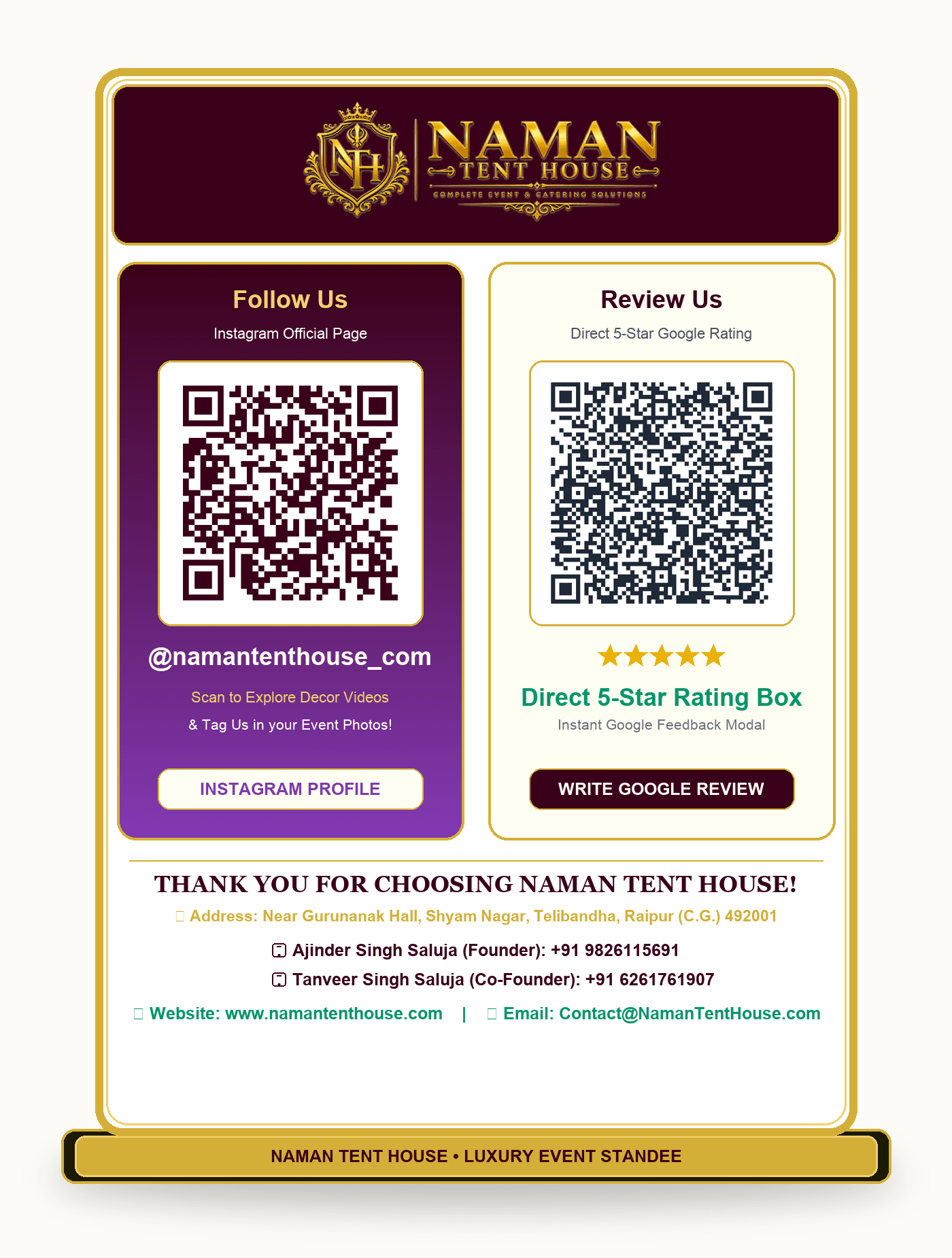 Naman Tent House Google Review and Instagram QR Code Card